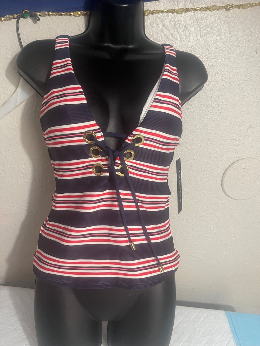 La Blanca Navy, Red and White Striped Lace-Up Tank